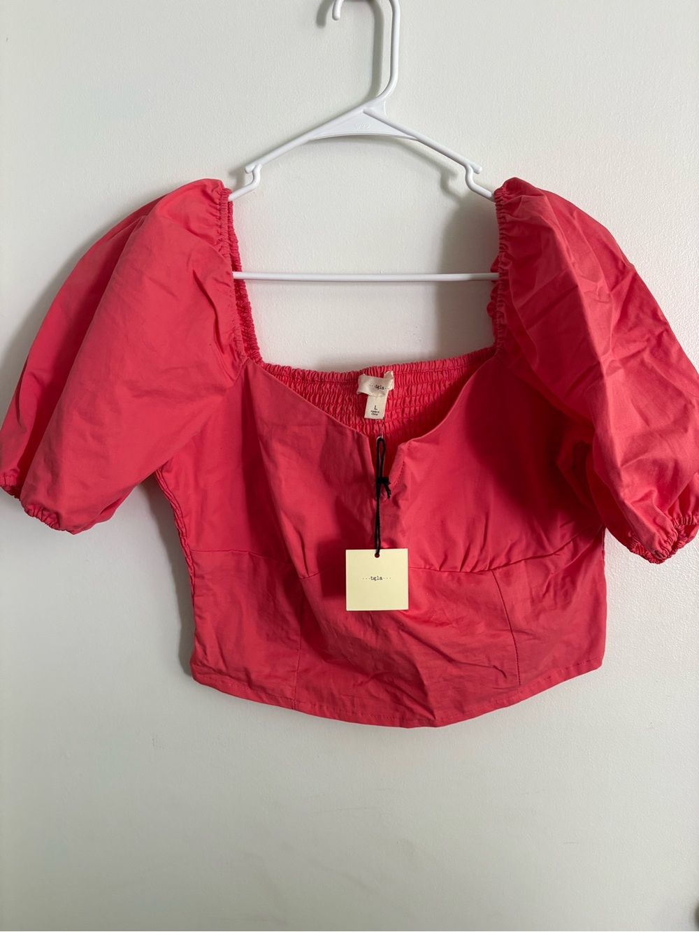 Francesca's Collections Coral Pink Puff-Sleeve Crop Top